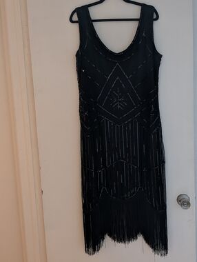 1920's Costume Flapper Style Black Beaded Fringe Sleeveless Midi Dress